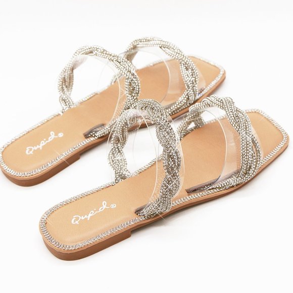 NEW Double Clear Strap Twisted Sparkly Bling Rhinestone Slip On Slides Sandals - Picture 6 of 15